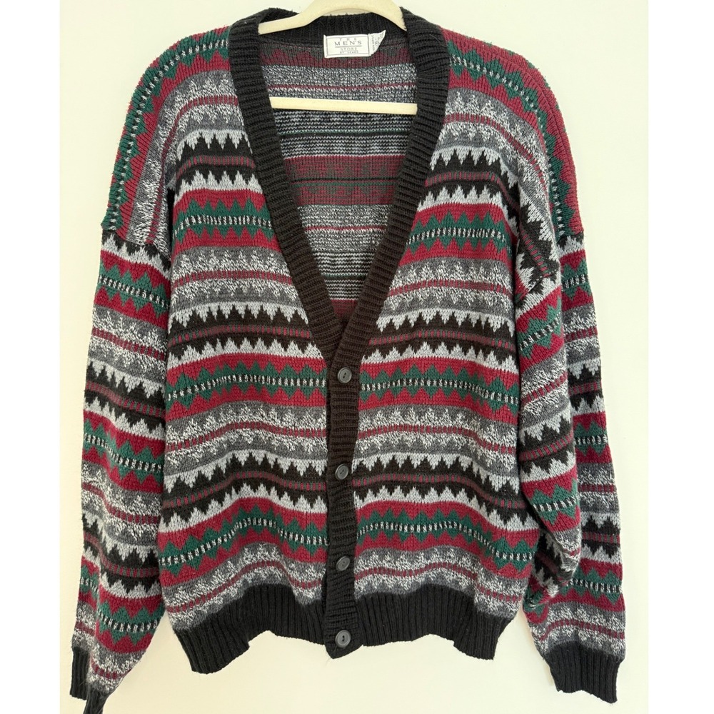 Vintage 90's Geometric Striped Patterned Men's Chunky Knit Cardigan Sweater XL